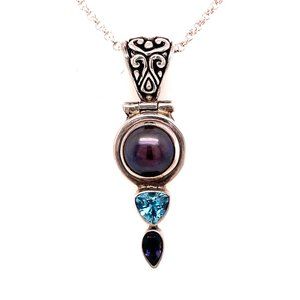 Black Pearl, Topaz, and Iolite Pendant